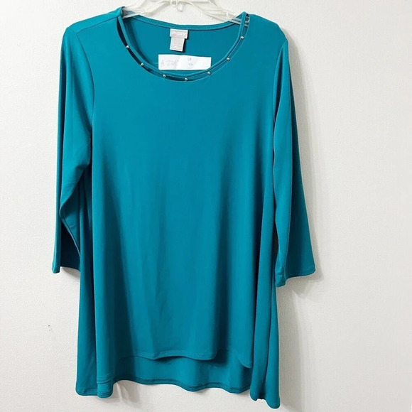 Chico’s Women’s Teal Bead Cut-Out Blouse Medium Liquid Knit Long Sleeve - Picture 1 of 6